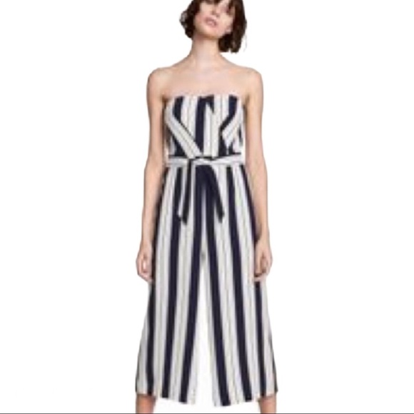 NWT H&M Strapless Striped Jumpsuit With Tie Belt & Pockets White/Navy Blue Sz 6 - Picture 1 of 12